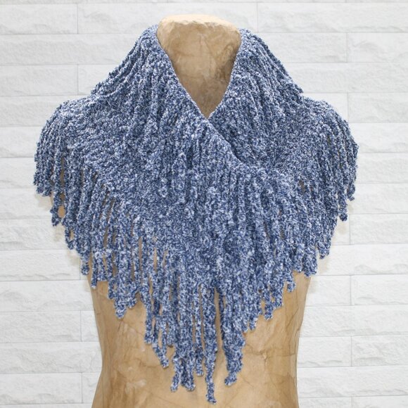 Hand Crafted Accessories - HAND CRAFTED Scarf Infinity Chenille Turtleneck Fringe Wrap Oversize Blue Marled